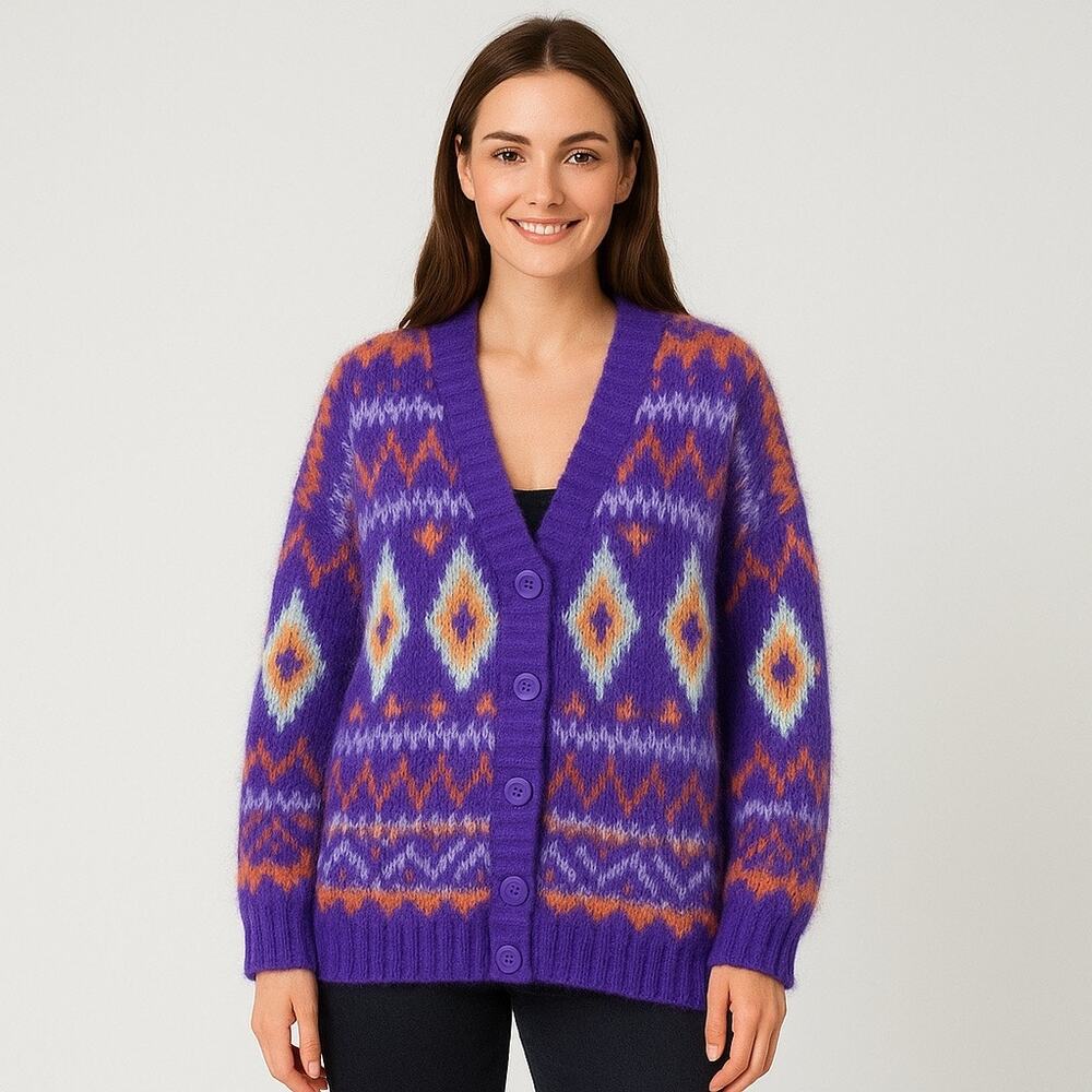ASOS Reclaimed‎ Vintage Oversize Purple Fair Isle Fuzzy Cardigan Unisex sz small